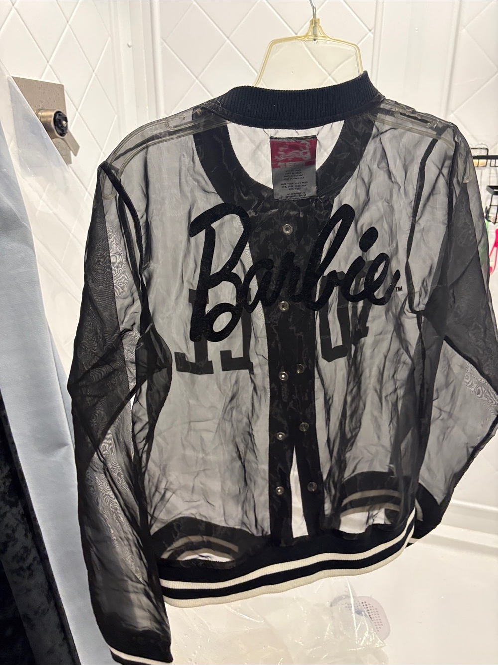 Barbie Black Sheer Varsity Bomber Jacket with Script Logo